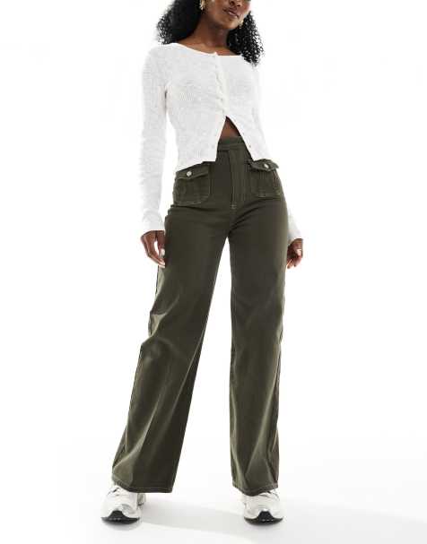 ASOS DESIGN wide leg jeans with front pockets in khaki - view 1