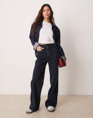 Asos Design Wide Leg Jeans With Patch Pockets And Gold Detail Button Fly In Blue Black-navy