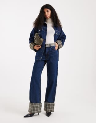 Asos Design Wide Leg Jeans With Plaid Print Cuffs In Blue