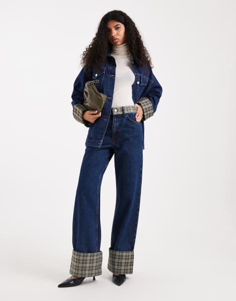 ASOS DESIGN wide leg jeans with plaid print cuffs in indigo - view 1