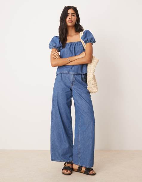 ASOS DESIGN wide leg jeans with pleated waist in mid blue - part of a set - view 1
