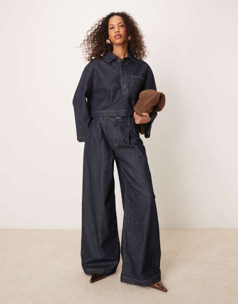 ASOS DESIGN wide leg jeans with pleats in dark indigo - view 1