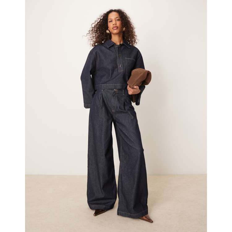 DARK FOG★Washed wide-leg jeans with double side pleats DF32 Washed Black Wide-Leg Jeans