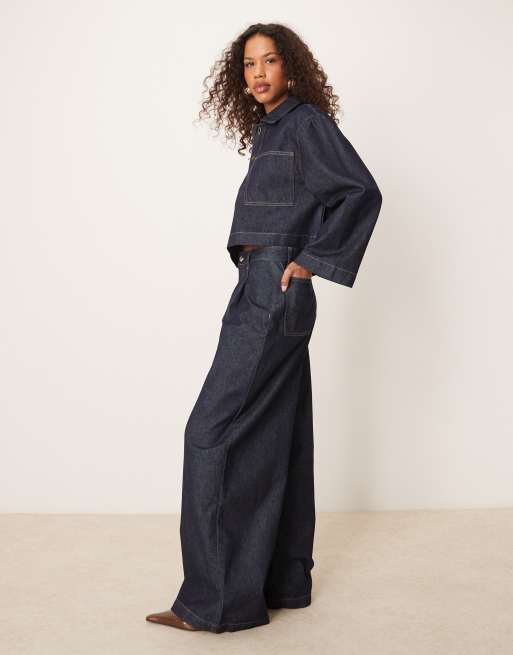 ASOS DESIGN wide leg jeans with pleats in dark indigo | ASOS