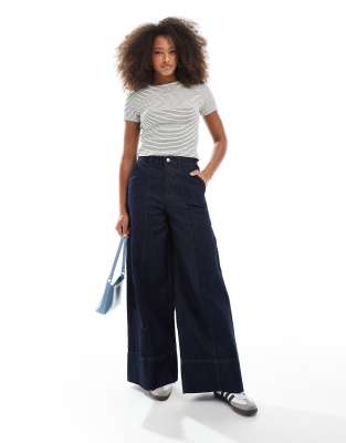 wide leg jeans with seam detail and deep hem stitch - part of a set-Navy