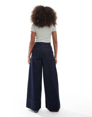 Asos Design Wide Leg Jeans With Seam Detail And Deep Hem Stitch - Part Of A Set-navy In Navy