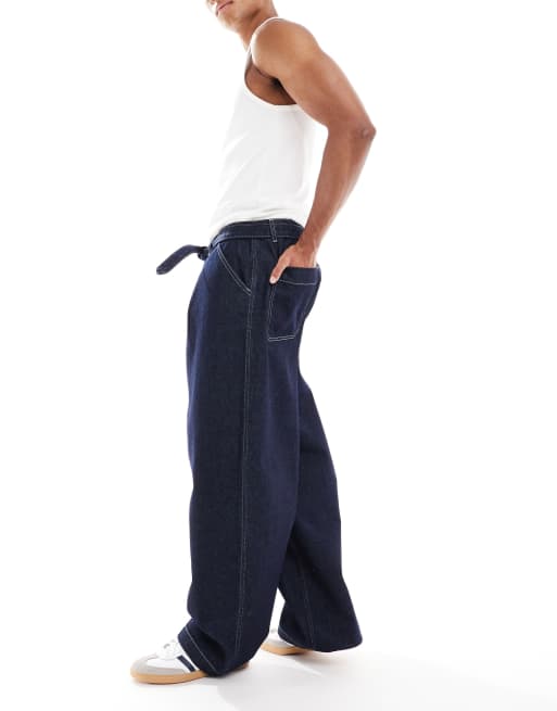 ASOS DESIGN wide leg jeans with self tie & pleats in raw denim