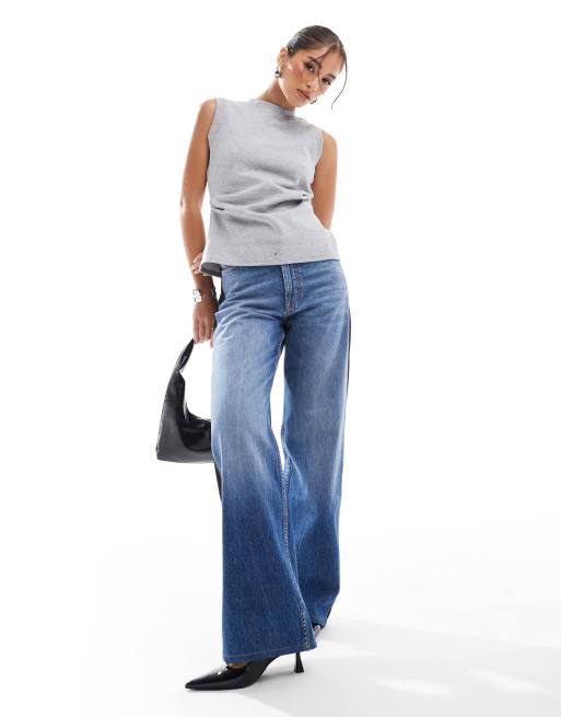ASOS DESIGN wide leg jeans with tailored waistband in black and mid blue, 2 of 5