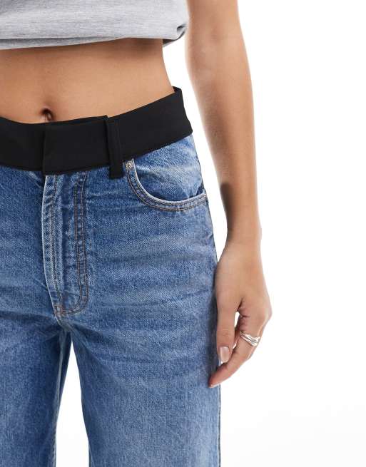 ASOS DESIGN wide leg jeans with tailored waistband in black and mid blue, 3 of 5