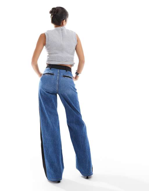 ASOS DESIGN wide leg jeans with tailored waistband in black and mid blue, 4 of 5