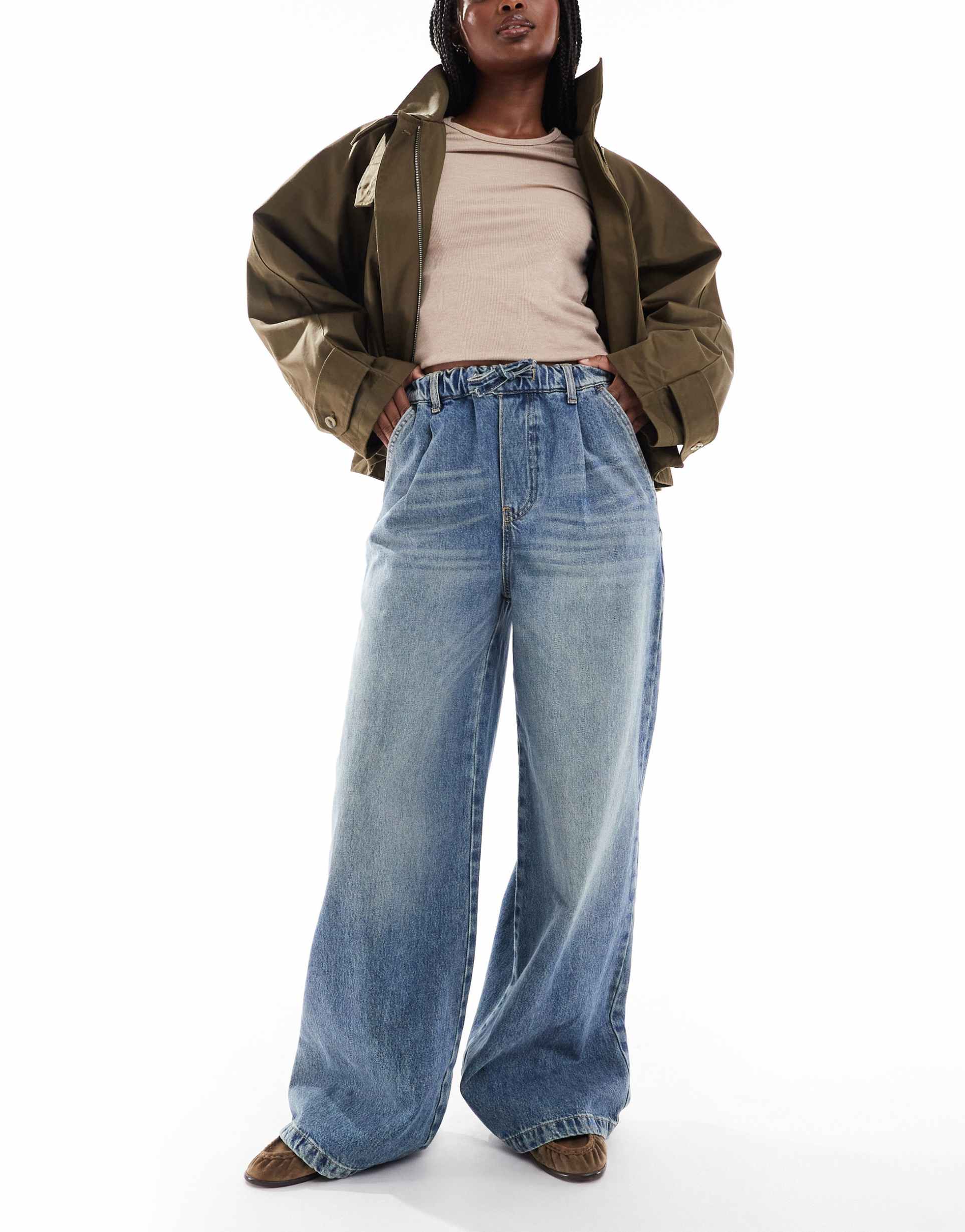 asos design wide leg jeans with tie waist detail in vintage wash