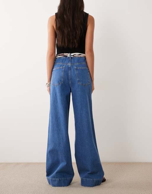 ASOS DESIGN wide leg jeans with zebra scarf belt in mid wash, 2 of 5