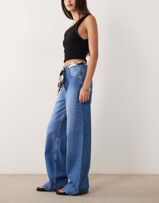 ASOS DESIGN wide leg jeans with zebra scarf belt in mid wash, 3 of 5