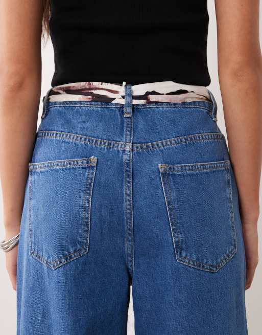 ASOS DESIGN wide leg jeans with zebra scarf belt in mid wash, 4 of 5