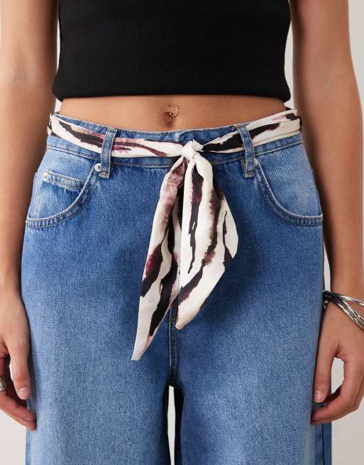 ASOS DESIGN wide leg jeans with zebra scarf belt in mid wash, 5 of 5
