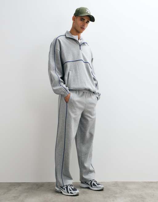 ASOS DESIGN co-ord extreme oversized funnel neck sweatshirt and wide leg jogger with blue piping in grey marl, 3 of 3
