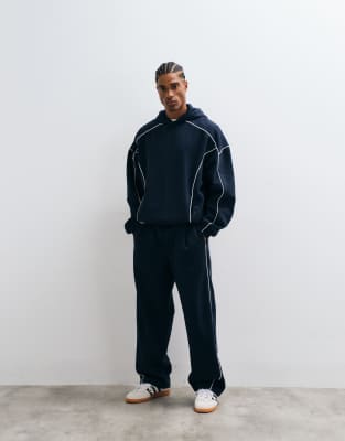 Asos Design Wide Leg Jogger With White Piping In Navy