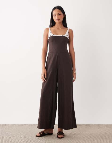 ASOS DESIGN wide leg jumpsuit in brown with polka dot contrast straps - view 1