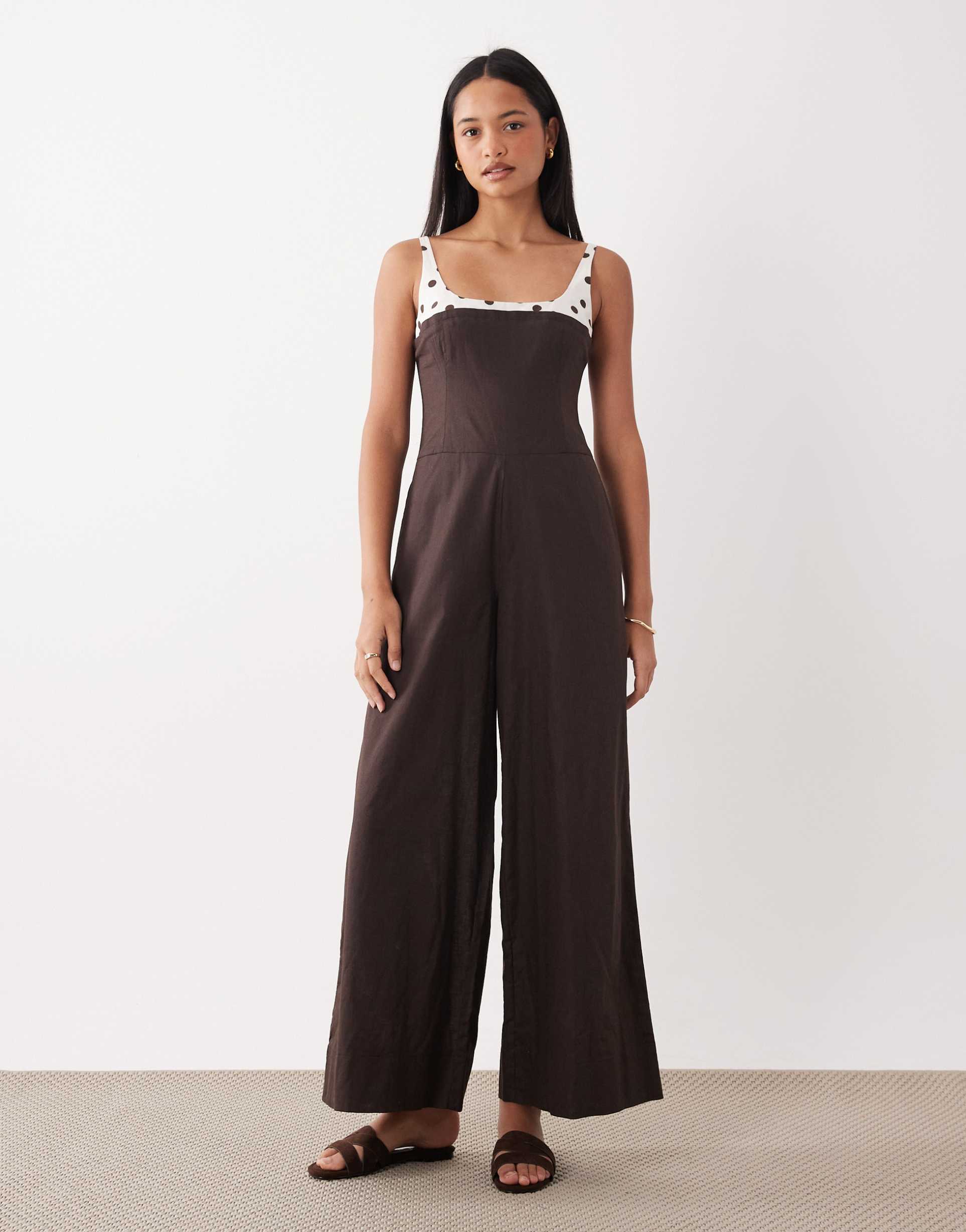 asos design wide leg jumpsuit in brown with polka dot contrast straps