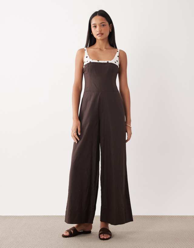 ASOS DESIGN wide leg jumpsuit in brown with polka dot contrast straps