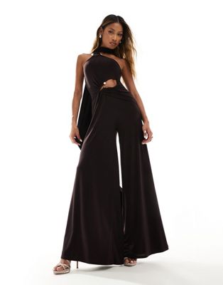 Asos Design Wide Leg Jumpsuit With Double Trim And Long Neck Tie In Chocolate-brown