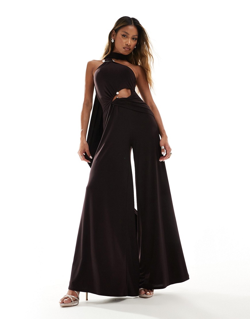 Asos Design Wide Leg Jumpsuit With Double Trim And Long Neck Tie In Chocolate-brown