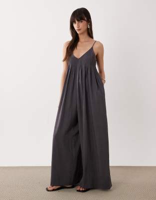 Asos Design Wide Leg Jumpsuit With Pintuck Detail In Gray