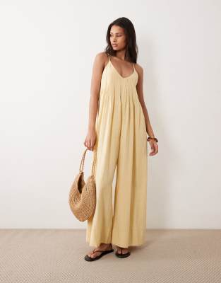 Asos Design Wide Leg Jumpsuit With Pintuck Detailing In Yellow