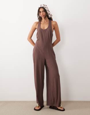 Asos Design Wide Leg Jumpsuit With Twist Back In Brown