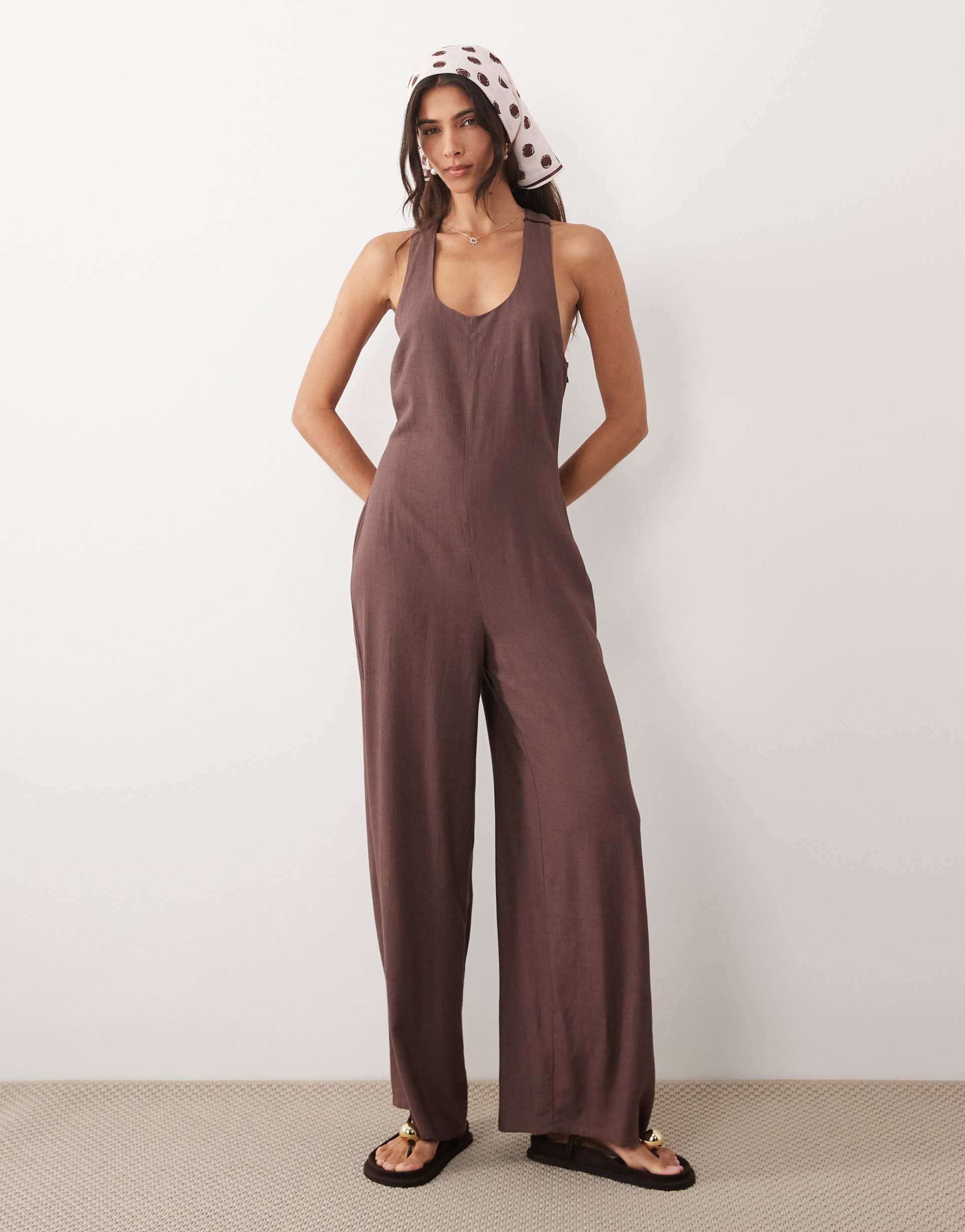asos design wide leg jumpsuit with twist back in chocolate