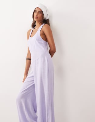 Asos Design Wide Leg Jumpsuit With Twisted Back In Purple