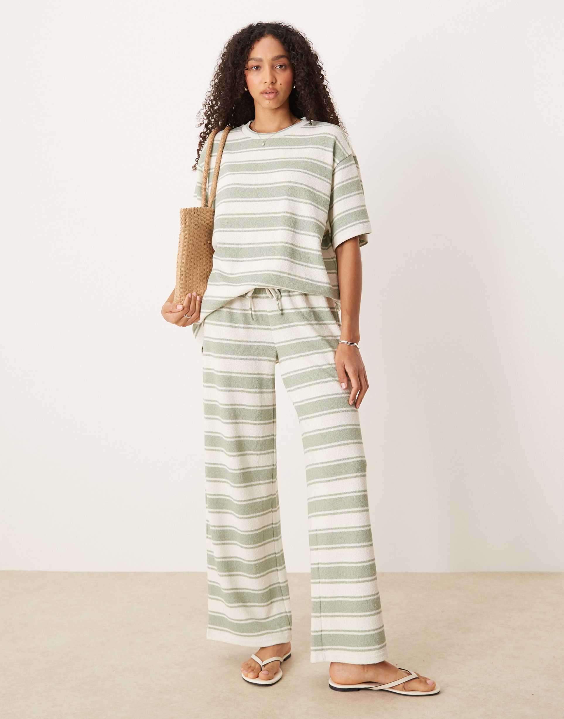 asos design wide leg knit pants in sage stripes - part of a set