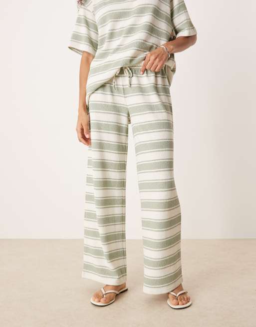 ASOS DESIGN wide leg knit pants in sage stripes - part of a set, 3 of 5