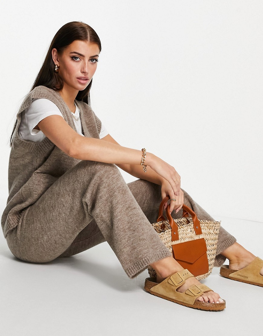 ASOS DESIGN wide leg knit pants in taupe - part of a set-Neutral