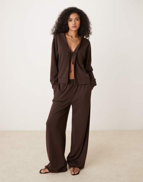 ASOS DESIGN wide leg knit trouser co-ord in chocolate