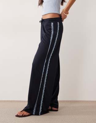 Asos Design Wide Leg Lace Detailing Tricot Sweatpants In Blue