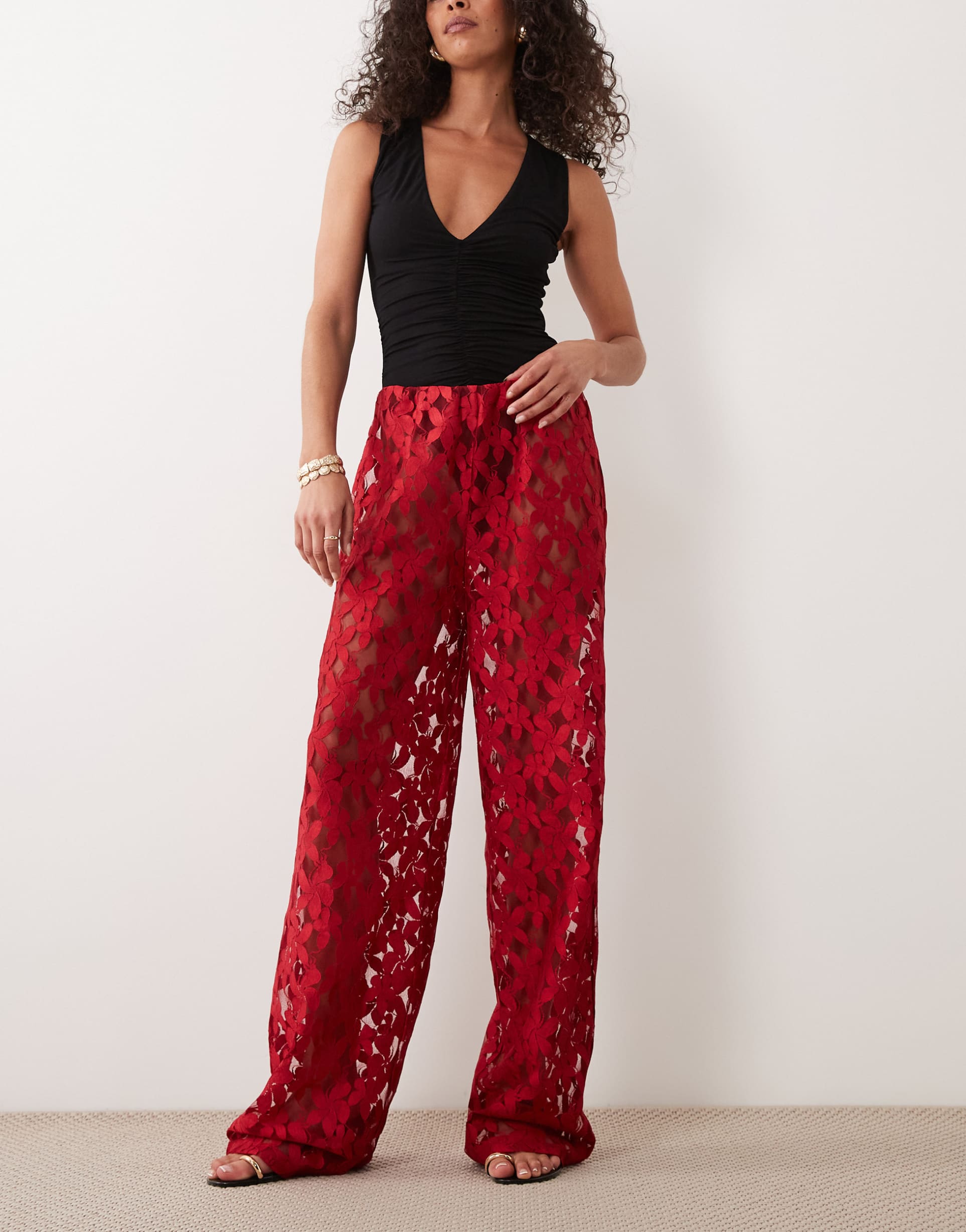 asos design wide leg lace pants in red