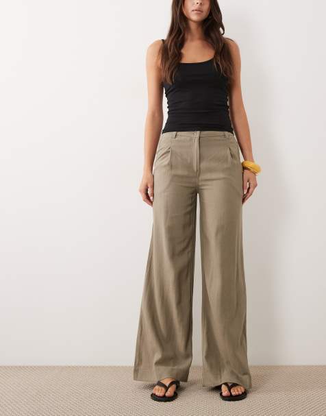 ASOS DESIGN wide leg linen-blend pants with pleat detail in khaki - view 1