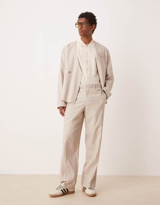 ASOS DESIGN wide leg linen blend suit pants in stone
