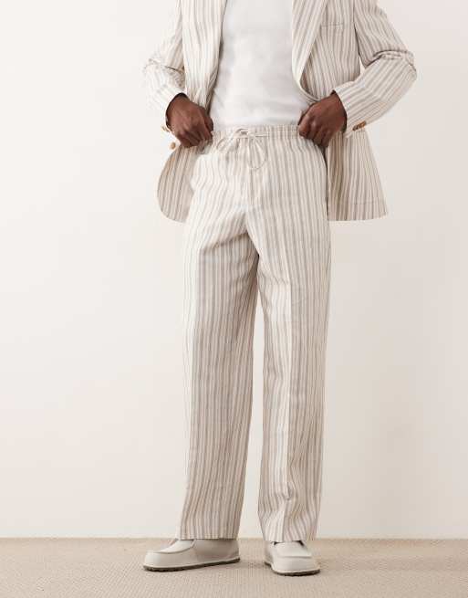 ASOS DESIGN wide leg linen blend suit pants with elastic waist in cream stripes, 2 of 5