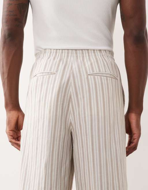 ASOS DESIGN wide leg linen blend suit pants with elastic waist in cream stripes, 5 of 5