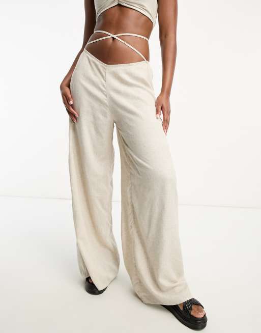 White Linen Look Wide Leg Low Rise Pants