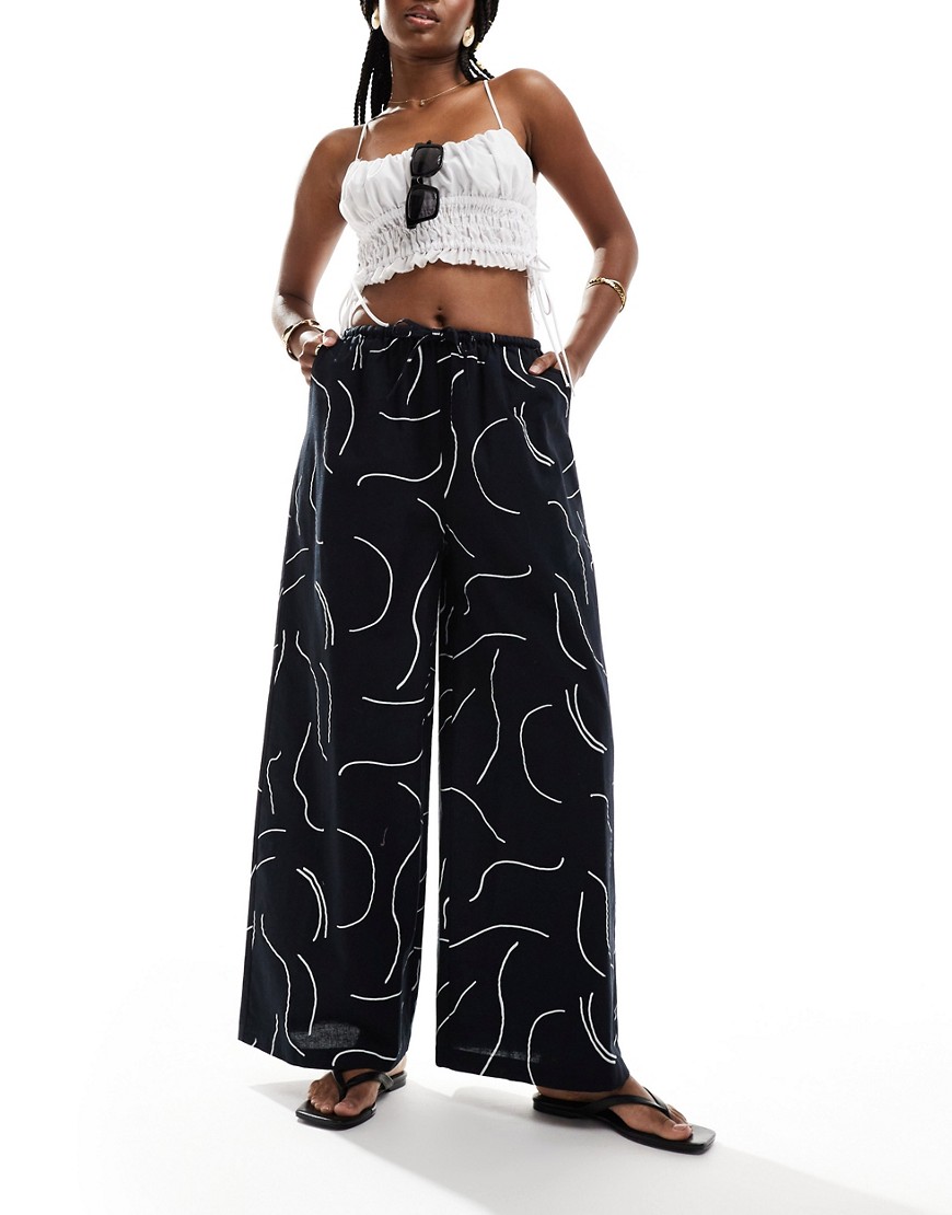 Asos Design Wide Leg Linen Mix Pants In Black And White Print - Part Of A Set-multi