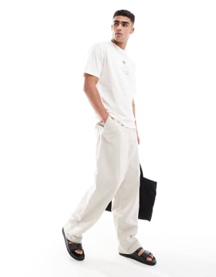 Asos Design Wide Leg Linen Mix Pants In Stone With Elastic Waist-neutral In Neutral