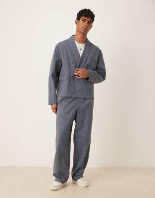 ASOS DESIGN wide leg linen suit pants in blue pinstripe with elasticated waist - view 1