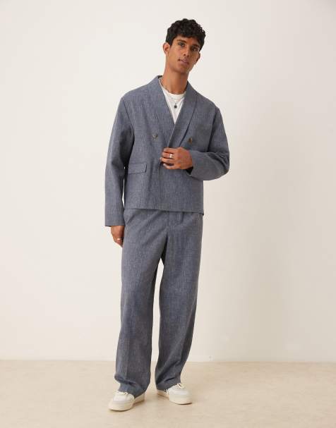 ASOS DESIGN wide leg linen suit trousers in blue pinstripe with elasticated waist