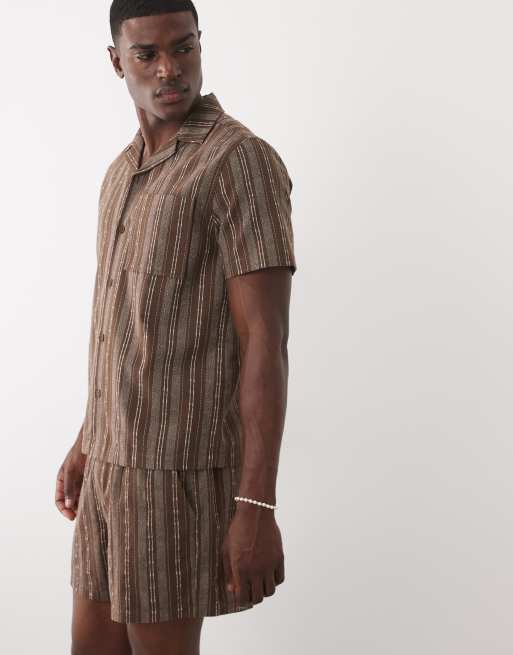 ASOS DESIGN wide leg mid length elasticized shorts in brown stripes - part of a set, 3 of 9