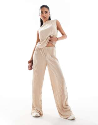 ASOS DESIGN wide leg mid rise plisse trousers co ord in pink