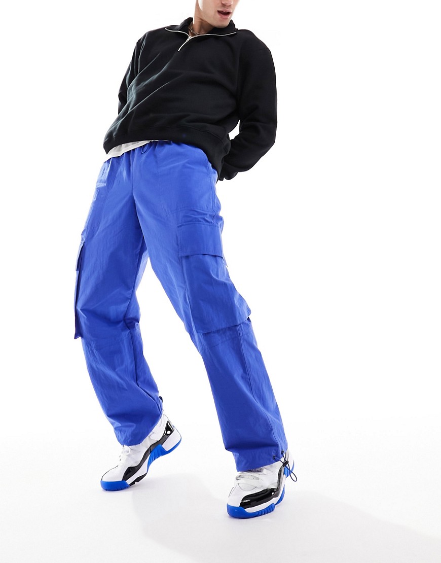 Asos Design Wide Leg Nylon Cargo Pants With Elastic Waist In Bright Blue