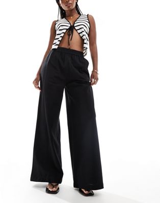 Asos Design Wide Leg Pant With Linen In Black